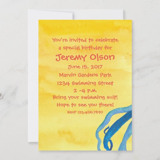 Blaue Oktopus Geburtstagsparty Einladung (Rückseite)