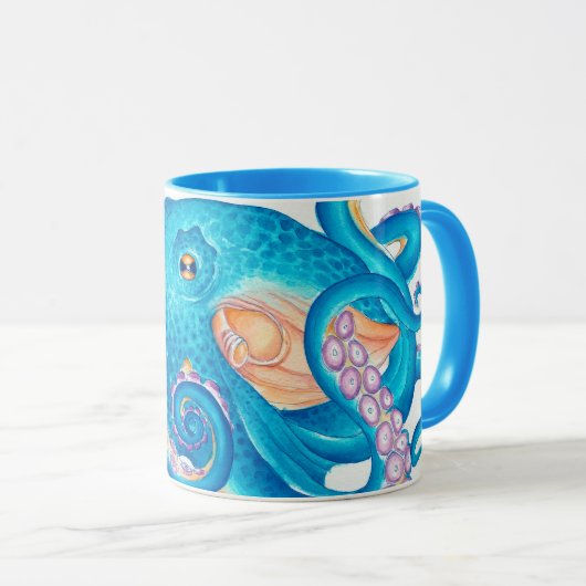 Blaue Oktopus Wasserfarben Kunst Tasse (VorderseiteRechts)