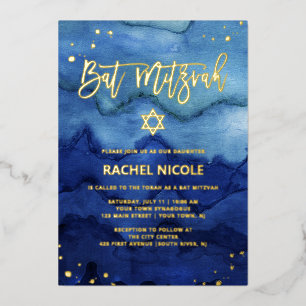 Blaue Ombre-Wasserfarbe und Gold Bat Mitzvah Folieneinladung