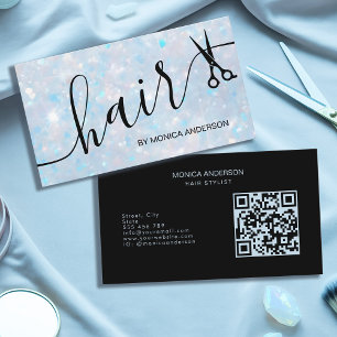 Blaue Opal Glitter Haar Schrift Schere QR Code Visitenkarte