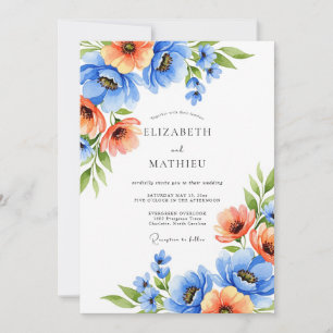 Blaue Orange Blühende Romanze Hochzeit Einladung