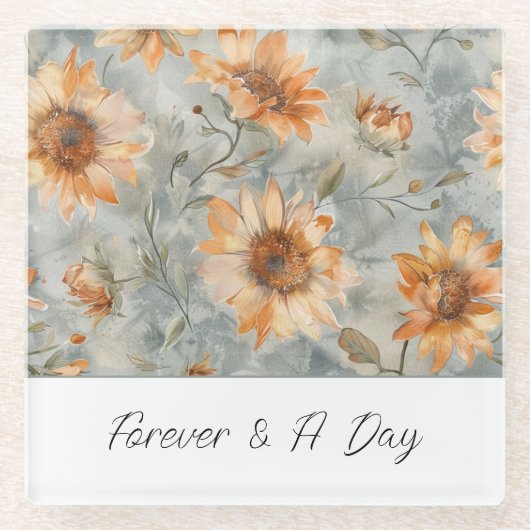 Blaue Orange Creme Blumen Forever Glasuntersetzer (Vorderseite)