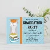 Blaue/orange Eulen-Abschluss-Mitteilung Einladung (Stehend Vorderseite)