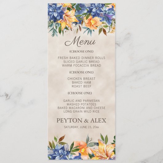 Blaue Orange Floral Herbsthochzeit Menükarte (Vorderseite)