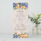 Blaue Orange Floral Herbsthochzeit Menükarte (Stehend Vorderseite)