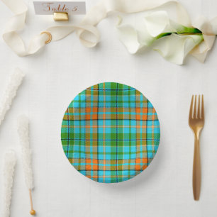 Blaue Orange Grüne Karo Tartan Design Pappteller