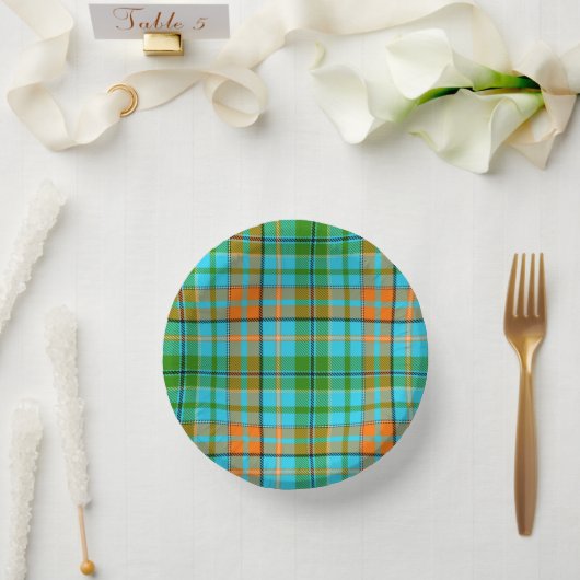 Blaue Orange Grüne Karo Tartan Design Pappteller (Hochzeit)