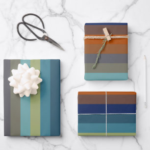 Blaue, orange, grüne und graue Streifen Geschenkpapier Set