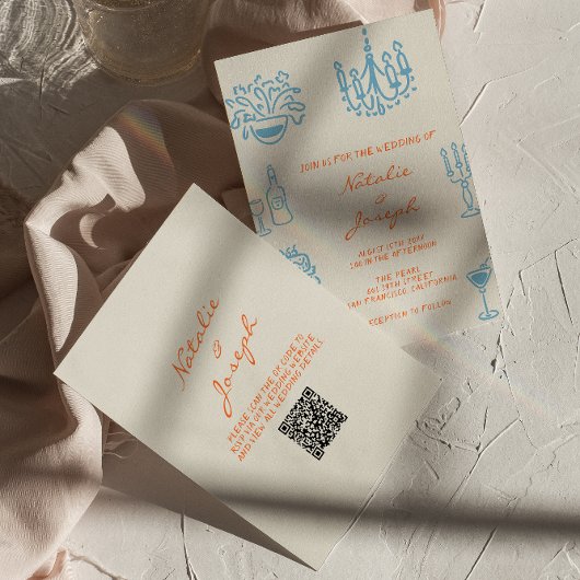 Blaue Orange Handgezeichnete Whimsical QR-Code-Hoc Einladung