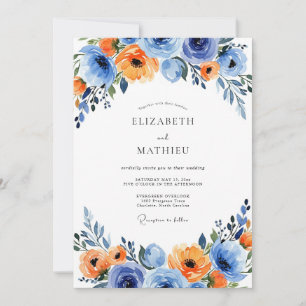 Blaue Orange Lebendige Florale Hochzeit Einladung