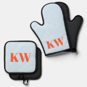 Blaue Orange Monogramm Anfangsbuchstaben Küchenges Ofenhandschuh & Topflappen-Set (Vorderseite/Rückseite)