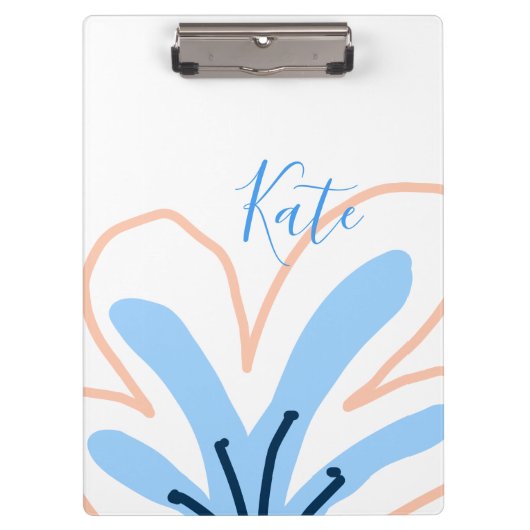 Blaue Orange Pastell-Blume Name Boho Retro-Geschen Klemmbrett (Vorderseite)
