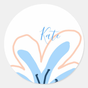 Blaue orange Pastell-Blume Name Boho Retro-Geschen Runder Aufkleber