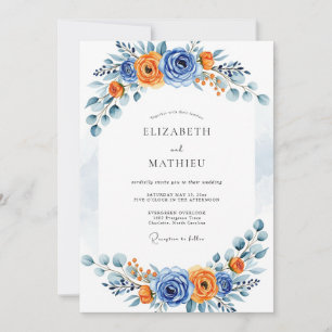 Blaue Orange Romantische Blütenhochzeit Einladung
