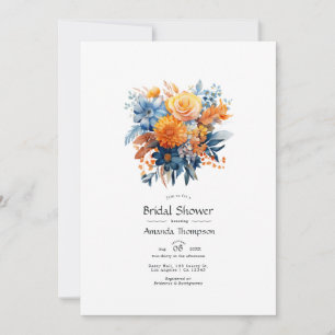 Blaue, orange und gelbe Blumenbrautparty Einladung