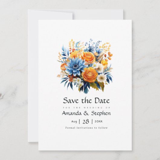 Blaue, orange und gelbe Blumenhochzeit Save The Date (Vorderseite)