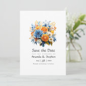 Blaue, orange und gelbe Blumenhochzeit Save The Date (Stehend Vorderseite)