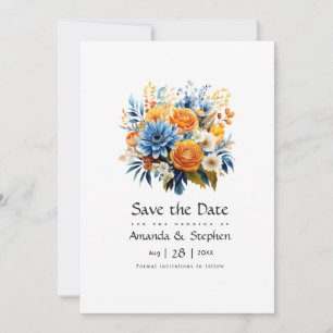 Blaue, orange und gelbe Blumenhochzeit Save The Date