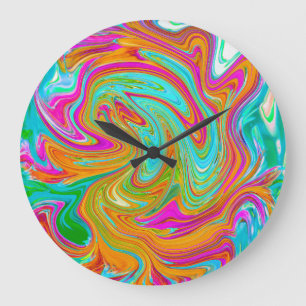 Blaue, orange und heißrosa groovige abstrakte Retr Große Wanduhr