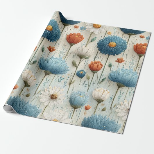 Blaue Orange Wildblumen Blumen Geschenkpapier (Ungerollt)