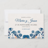 Blaue Orangefarbene Blumen Elegante Fiesta Spanisc Save The Date (Vorderseite)