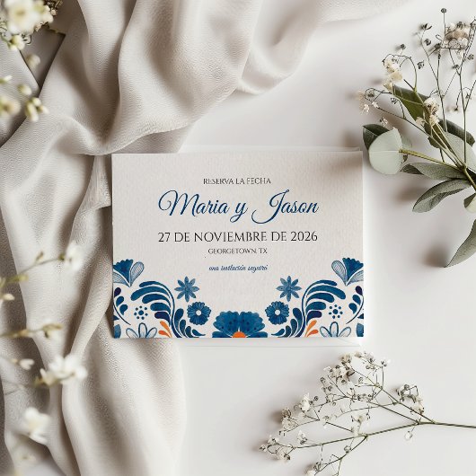 Blaue Orangefarbene Blumen Elegante Fiesta Spanisc Save The Date