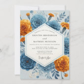 Blaue Orangefarbene Blumen Hochzeit im Herbst Einladung (Vorderseite)
