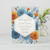 Blaue Orangefarbene Blumen Hochzeit im Herbst Einladung (Stehend Vorderseite)