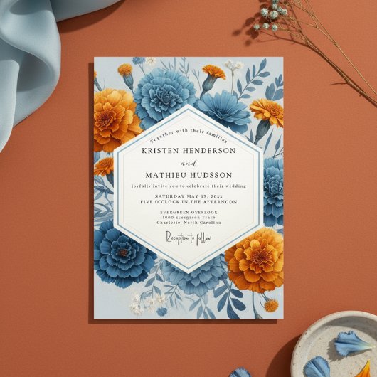 Blaue Orangefarbene Blumen Hochzeit im Herbst Einladung