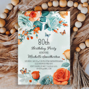 Blaue orangefarbene Blumen Schmetterlinge 80. Gebu Einladung