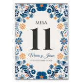 Blaue Orangefarbene Blumige Elegante Fiesta Spanis Tischnummer (Vorderseite)