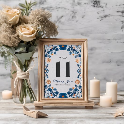 Blaue Orangefarbene Blumige Elegante Fiesta Spanis Tischnummer