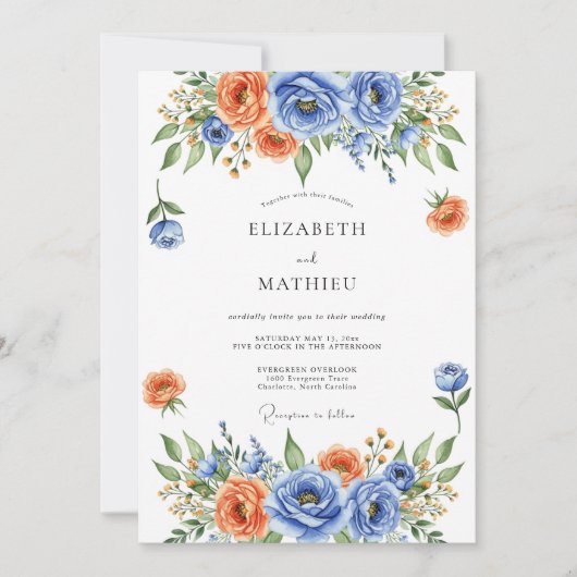 Blaue Orangefarbene Blumige Hochzeit Einladung (Vorderseite)
