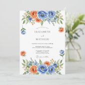 Blaue Orangefarbene Blumige Hochzeit Einladung (Stehend Vorderseite)