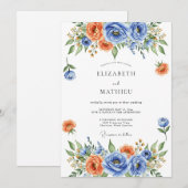 Blaue Orangefarbene Blumige Hochzeit Einladung (Vorne/Hinten)