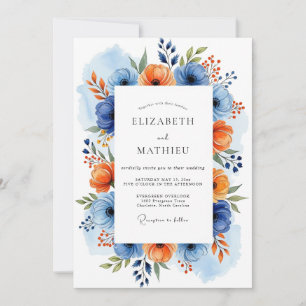 Blaue Orangefarbene Florale Frühlingshochzeit Einladung