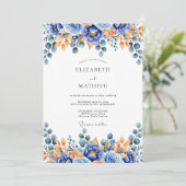 Blaue Orangefarbene Florale Waldhochzeit Einladung (Stehend Vorderseite)