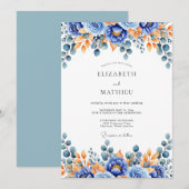 Blaue Orangefarbene Florale Waldhochzeit Einladung (Vorne/Hinten)
