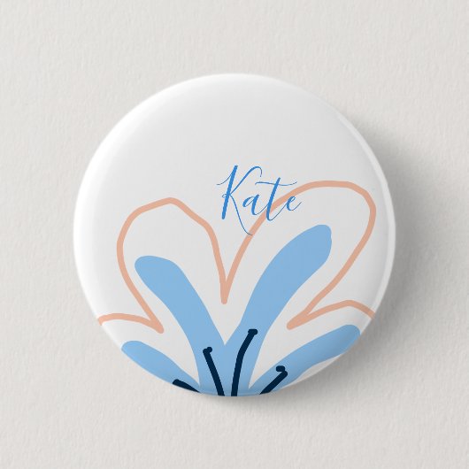 Blaue orangefarbene Pastell-Blumen-Name Boho Retro Button (Vorderseite)