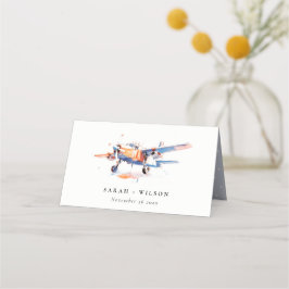 Blaue Orangen-Blush-Flugzeug-Hochzeit Platzkarte