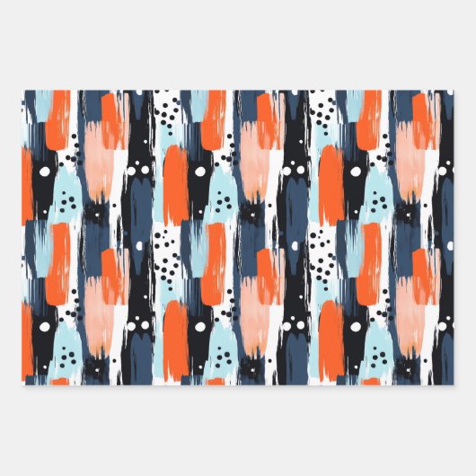 Blaue Orangen Pinselstriche Abstraktes Muster Geschenkpapier Set (Vorderseite)