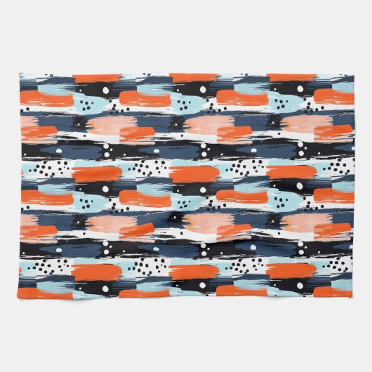 Blaue Orangen Pinselstriche Abstraktes Muster Geschirrtuch (Horizontal)
