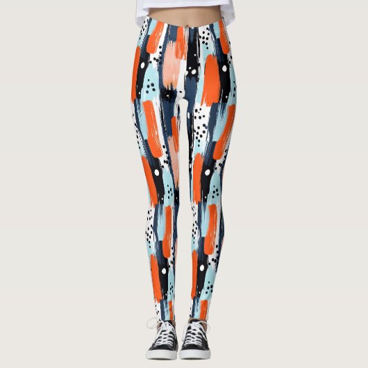 Blaue Orangen Pinselstriche Abstraktes Muster Leggings (Vorderseite)