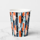 Blaue Orangen Pinselstriche Abstraktes Muster Pappbecher (Rückseite)