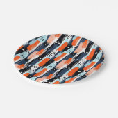 Blaue Orangen Pinselstriche Abstraktes Muster Pappteller (Schrägansicht)