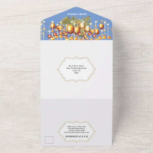 Blaue Orangenblume Blätter Himmelsleuchten tropisc All In One Einladung (Außenbereich)