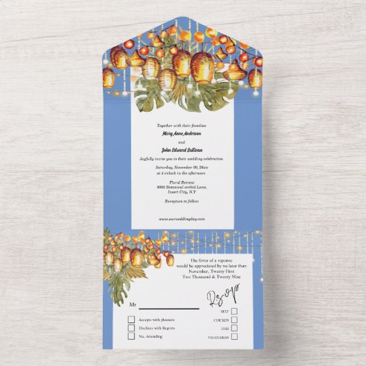 Blaue Orangenblume Blätter Himmelsleuchten tropisc All In One Einladung (Innen Boden)