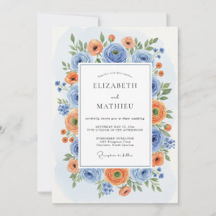 Blaue Orangenblüten-Romanze Hochzeit Einladung