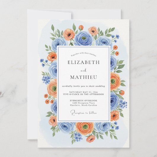 Blaue Orangenblüten-Romanze Hochzeit Einladung (Vorderseite)
