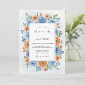 Blaue Orangenblüten-Romanze Hochzeit Einladung (Stehend Vorderseite)